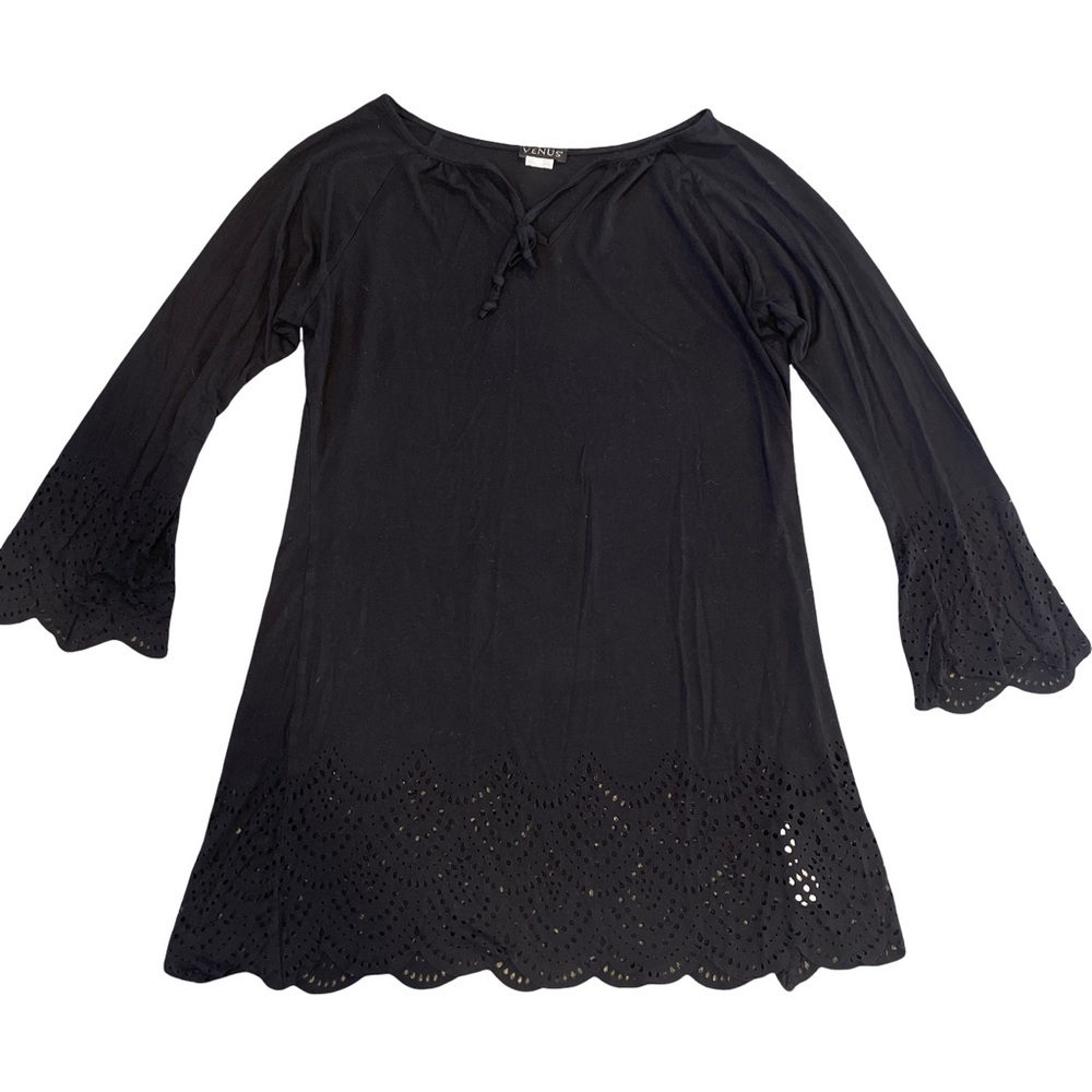 Venus Black Long Sleeve Tunic Dress Scalloped Hem Bell Sleeve Medium - Picture 1 of 4